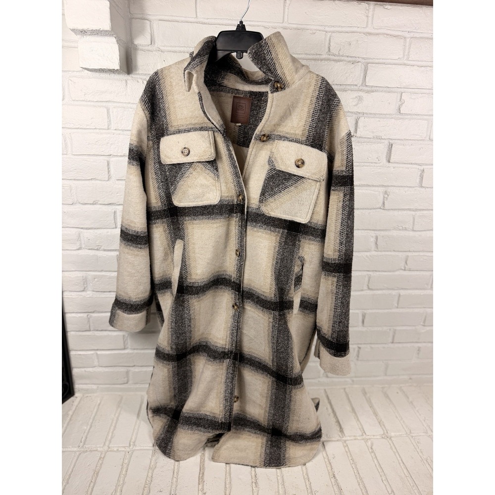 Rip Curl Womens L Long Line Check Jacket Cream Black Plaid Shacket Coat